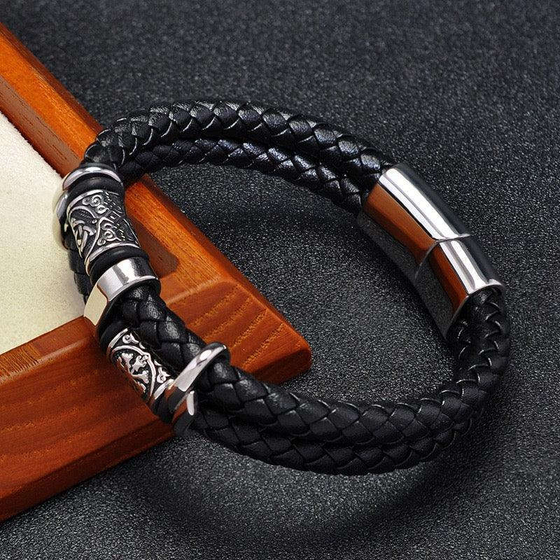 Viking Double Braided Leather Bracelet – 316L Stainless Steel Clasp | Men & Women Averon London